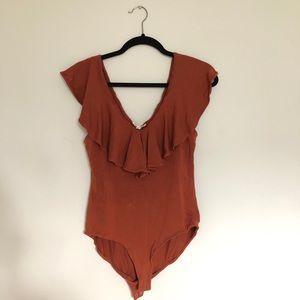 Anthropologie Little Black Bodysuit Rust Ruffle Bodysuit